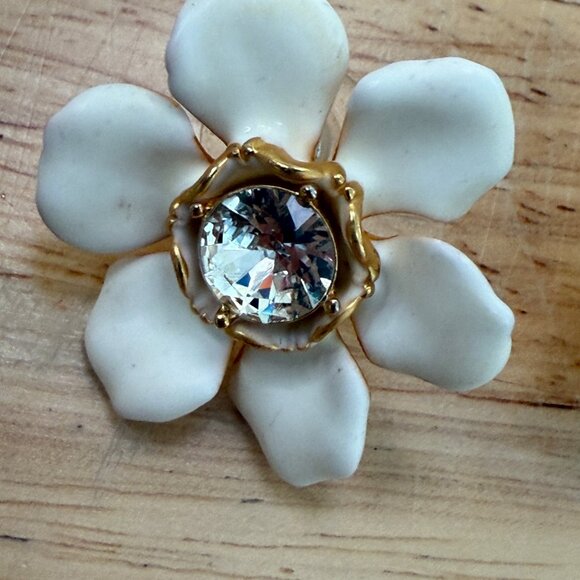 J.Crew Enamel Pansy Post Earrings White & Gold Flower Crystal Center - Picture 9 of 9